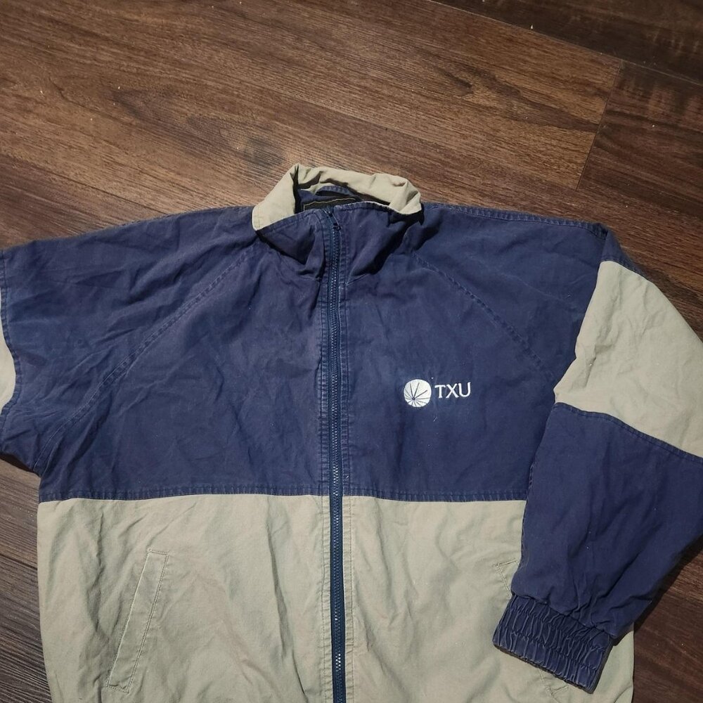 Cobra Jacket Mens L Blue Tan‎ Cotton Windbreaker TXU Logo Lined Elastic Waist